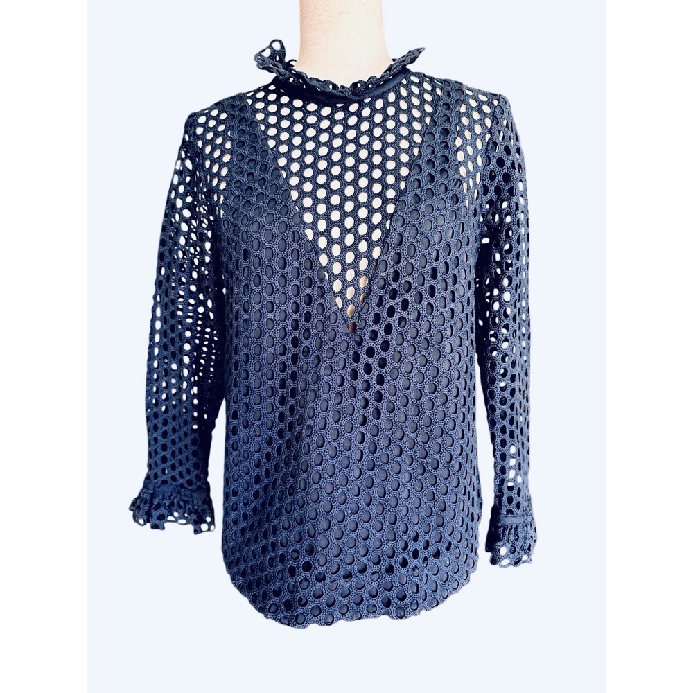 Sea New York Eyelet Ruffle Top Size 6 Victorian Open Back -Navy Cottagecore $375